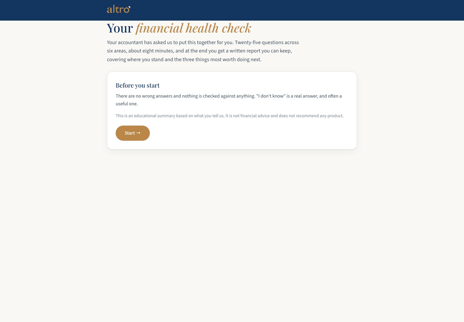 The Financial Health Check as a client opens it