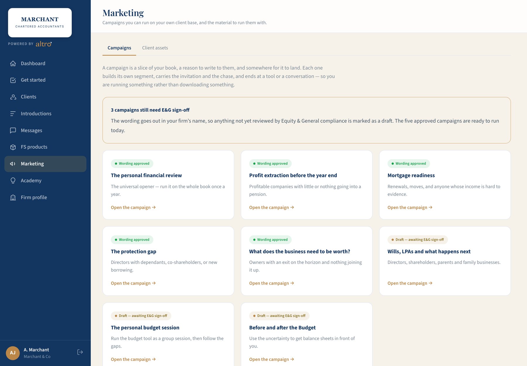 The Marketing view, with approved campaigns