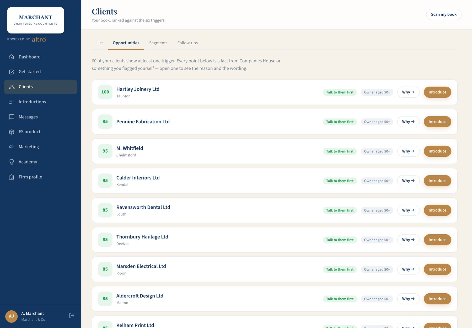 The Clients view, with each client checked against the public record
